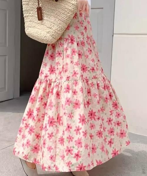 花柄ティアードロングスカート/ブルー・ピンク
