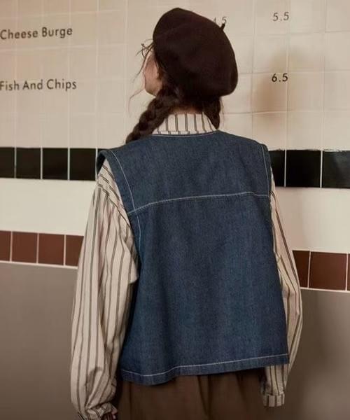 デニムベスト/ラウンドネック ワークテイスト