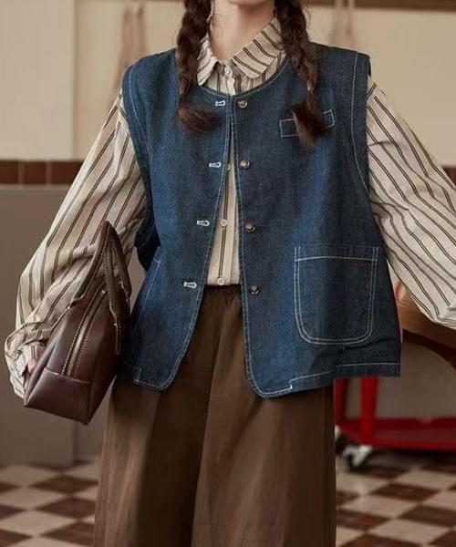 デニムベスト/ラウンドネック ワークテイスト