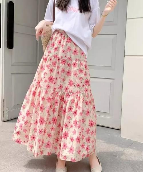 花柄ティアードロングスカート/ブルー・ピンク