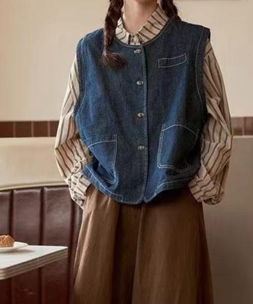 デニムベスト/ラウンドネック ワークテイスト