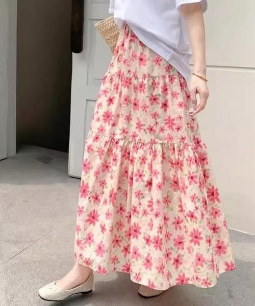 花柄ティアードロングスカート/ブルー・ピンク