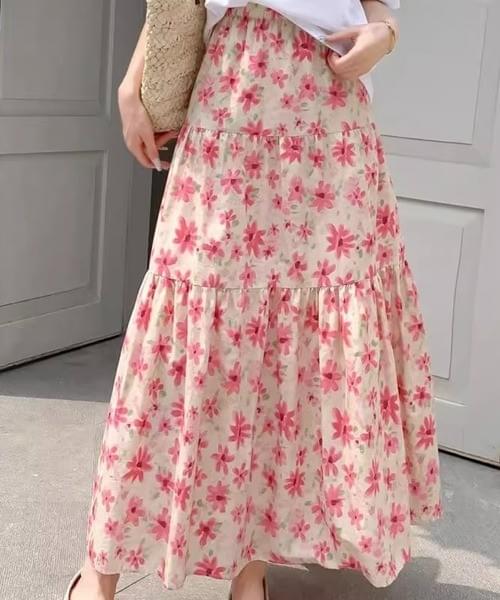 花柄ティアードロングスカート/ブルー・ピンク