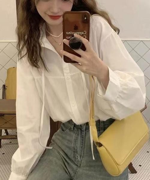 ギャザーリボンデザイン シャツブラウス/ホワイト・ブラウン