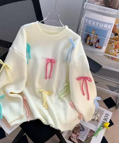 カラフルリボン付きニットプルオーバー/オーバーサイズ