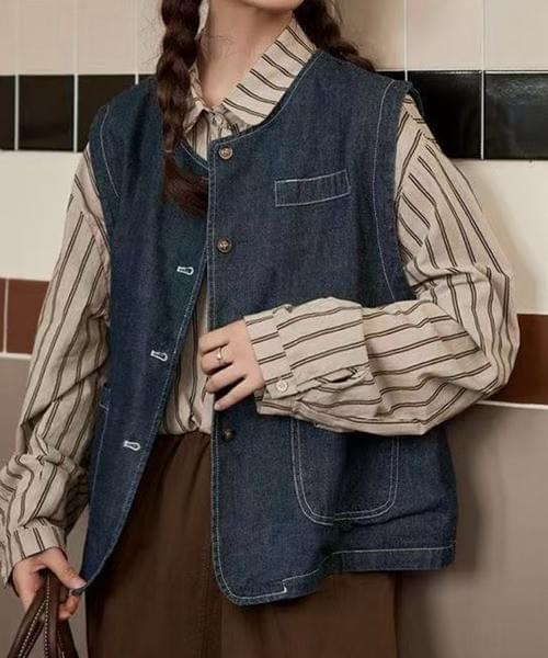 デニムベスト/ラウンドネック ワークテイスト