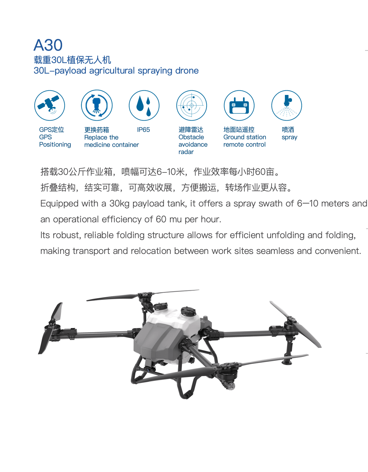 30L-payload agricultural spraying drone