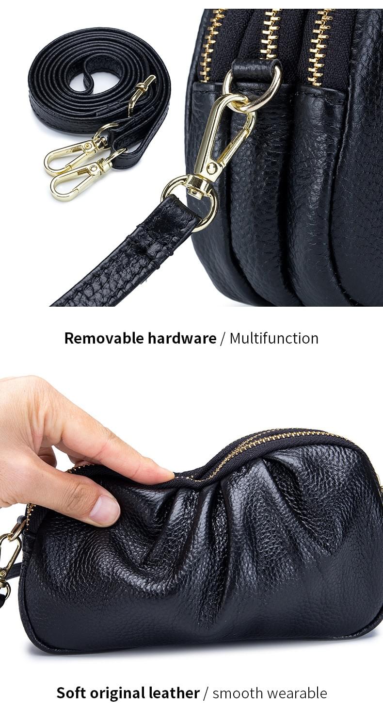 高質感牛皮三層拉鍊皺褶單肩斜揹小包