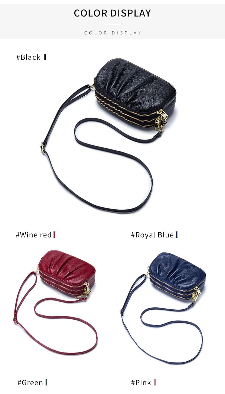 高質感牛皮三層拉鍊皺褶單肩斜揹小包