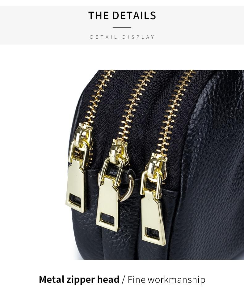 高質感牛皮三層拉鍊皺褶單肩斜揹小包