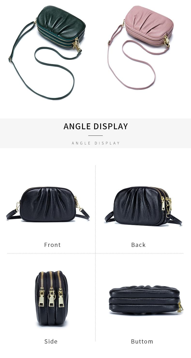 高質感牛皮三層拉鍊皺褶單肩斜揹小包