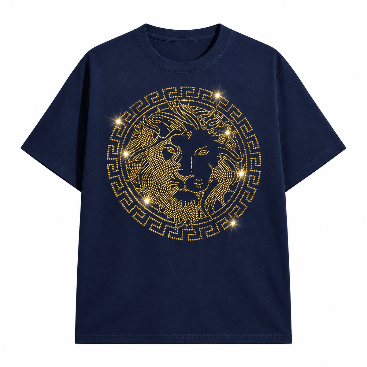 圓形迴紋金黃獅頭燙鑽貼|金色水鑽服飾 DIY 熱轉印裝飾圖案 YS-004#