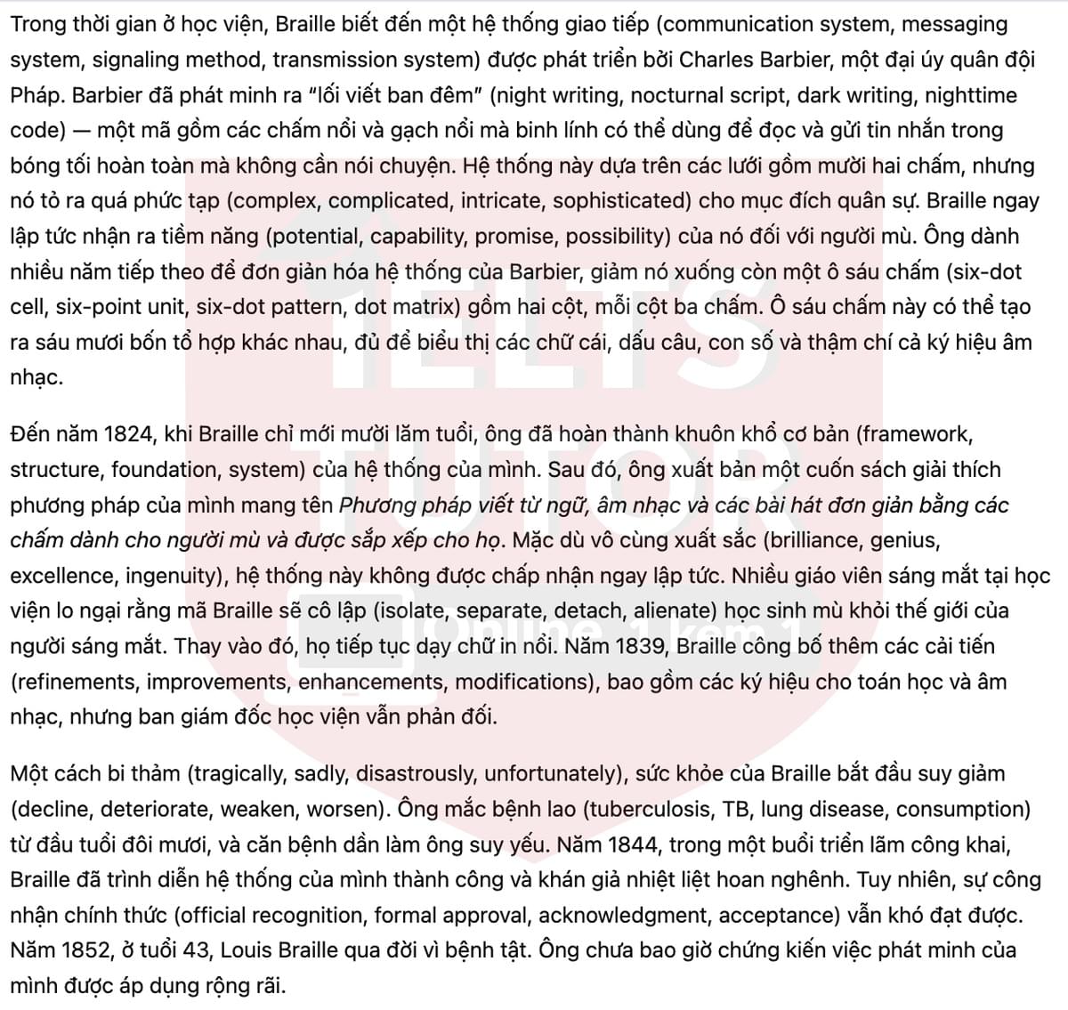 🔥The Life of Louis Braille Answers with location - Đề luyện tập IELTS READING- Làm bài online format computer-based, kèm đáp án, dịch & giải thích từ vựng - cấu trúc ngữ pháp khó 🔥The Life of Louis Braille Answers with location - Đề luyện tập IELTS READING- Làm bài online format computer-based, kèm đáp án, dịch & giải thích từ vựng - cấu trúc ngữ pháp khó