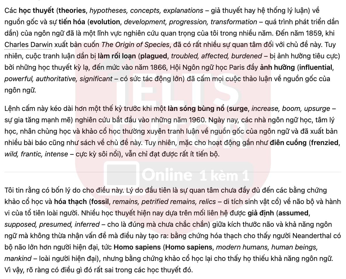 🔥The origin of language Answers with location - Đề luyện tập IELTS READING- Làm bài online format computer-based, kèm đáp án, dịch & giải thích từ vựng - cấu trúc ngữ pháp khó 🔥The origin of language Answers with location - Đề luyện tập IELTS READING- Làm bài online format computer-based, kèm đáp án, dịch & giải thích từ vựng - cấu trúc ngữ pháp khó