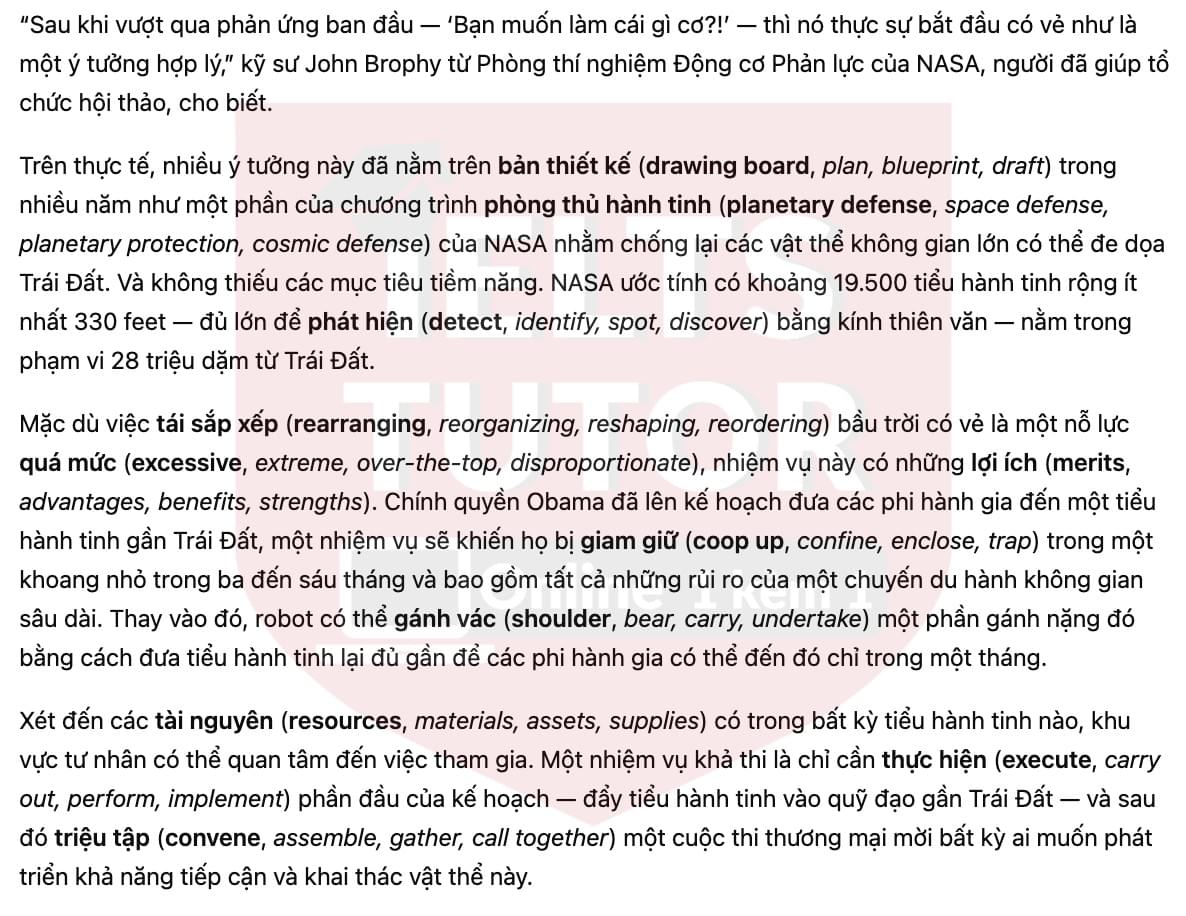 🔥The Plan to Bring an Asteroid to Earth Answers with location - Đề luyện tập IELTS READING- Làm bài online format computer-based, kèm đáp án, dịch & giải thích từ vựng - cấu trúc ngữ pháp khó 🔥The Plan to Bring an Asteroid to Earth Answers with location - Đề luyện tập IELTS READING- Làm bài online format computer-based, kèm đáp án, dịch & giải thích từ vựng - cấu trúc ngữ pháp khó