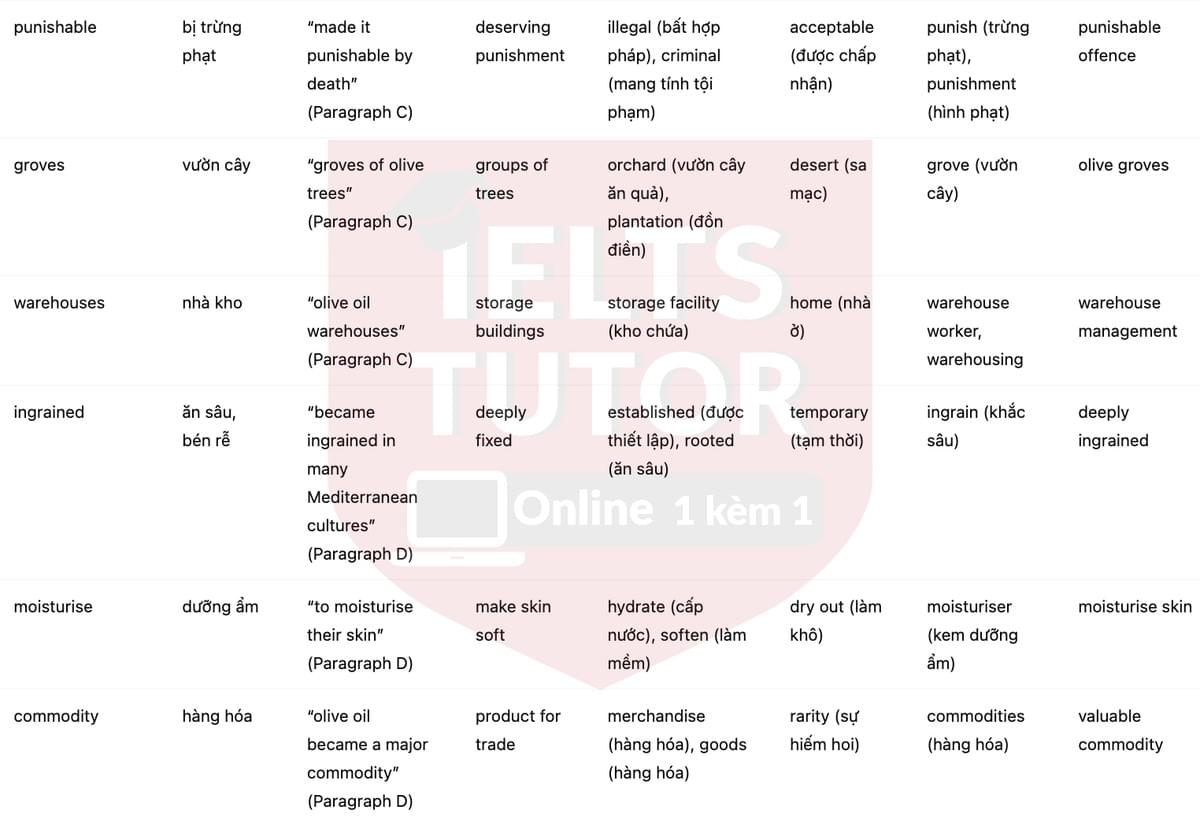 🔥The Early History of Olive Oil Answers with location - Đề luyện tập IELTS READING- Làm bài online format computer-based, kèm đáp án, dịch & giải thích từ vựng - cấu trúc ngữ pháp khó 🔥The Early History of Olive Oil Answers with location - Đề luyện tập IELTS READING- Làm bài online format computer-based, kèm đáp án, dịch & giải thích từ vựng - cấu trúc ngữ pháp khó
