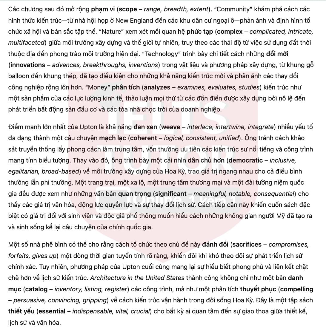 🔥Book Review: Architecture in the United States by Dell Upton Answers with location - Đề luyện tập IELTS READING- Làm bài online format computer-based, kèm đáp án, dịch & giải thích từ vựng - cấu trúc ngữ pháp khó 🔥Book Review: Architecture in the United States by Dell Upton Answers with location - Đề luyện tập IELTS READING- Làm bài online format computer-based, kèm đáp án, dịch & giải thích từ vựng - cấu trúc ngữ pháp khó