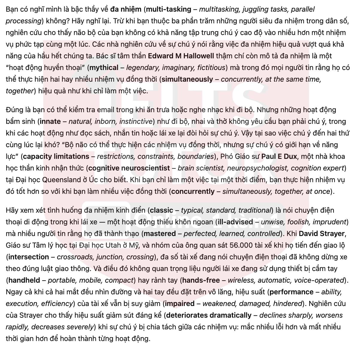 🔥Multi-tasking and the brain Answers with location - Đề luyện tập IELTS READING- Làm bài online format computer-based, kèm đáp án, dịch & giải thích từ vựng - cấu trúc ngữ pháp khó 🔥Multi-tasking and the brain Answers with location - Đề luyện tập IELTS READING- Làm bài online format computer-based, kèm đáp án, dịch & giải thích từ vựng - cấu trúc ngữ pháp khó