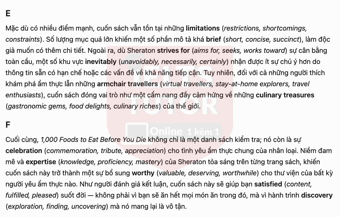 🔥A Review of the book, 1,000 Foods To Eat Before You Die Answers with location - Đề luyện tập IELTS READING- Làm bài online format computer-based, kèm đáp án, dịch & giải thích từ vựng - cấu trúc ngữ pháp khó 🔥A Review of the book, 1,000 Foods To Eat Before You Die Answers with location - Đề luyện tập IELTS READING- Làm bài online format computer-based, kèm đáp án, dịch & giải thích từ vựng - cấu trúc ngữ pháp khó