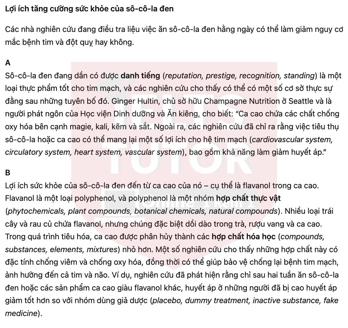 🔥Dark Chocolate's Health-Giving Benefits Answers with location - Đề luyện tập IELTS READING- Làm bài online format computer-based, kèm đáp án, dịch & giải thích từ vựng - cấu trúc ngữ pháp khó 🔥Dark Chocolate's Health-Giving Benefits Answers with location - Đề luyện tập IELTS READING- Làm bài online format computer-based, kèm đáp án, dịch & giải thích từ vựng - cấu trúc ngữ pháp khó