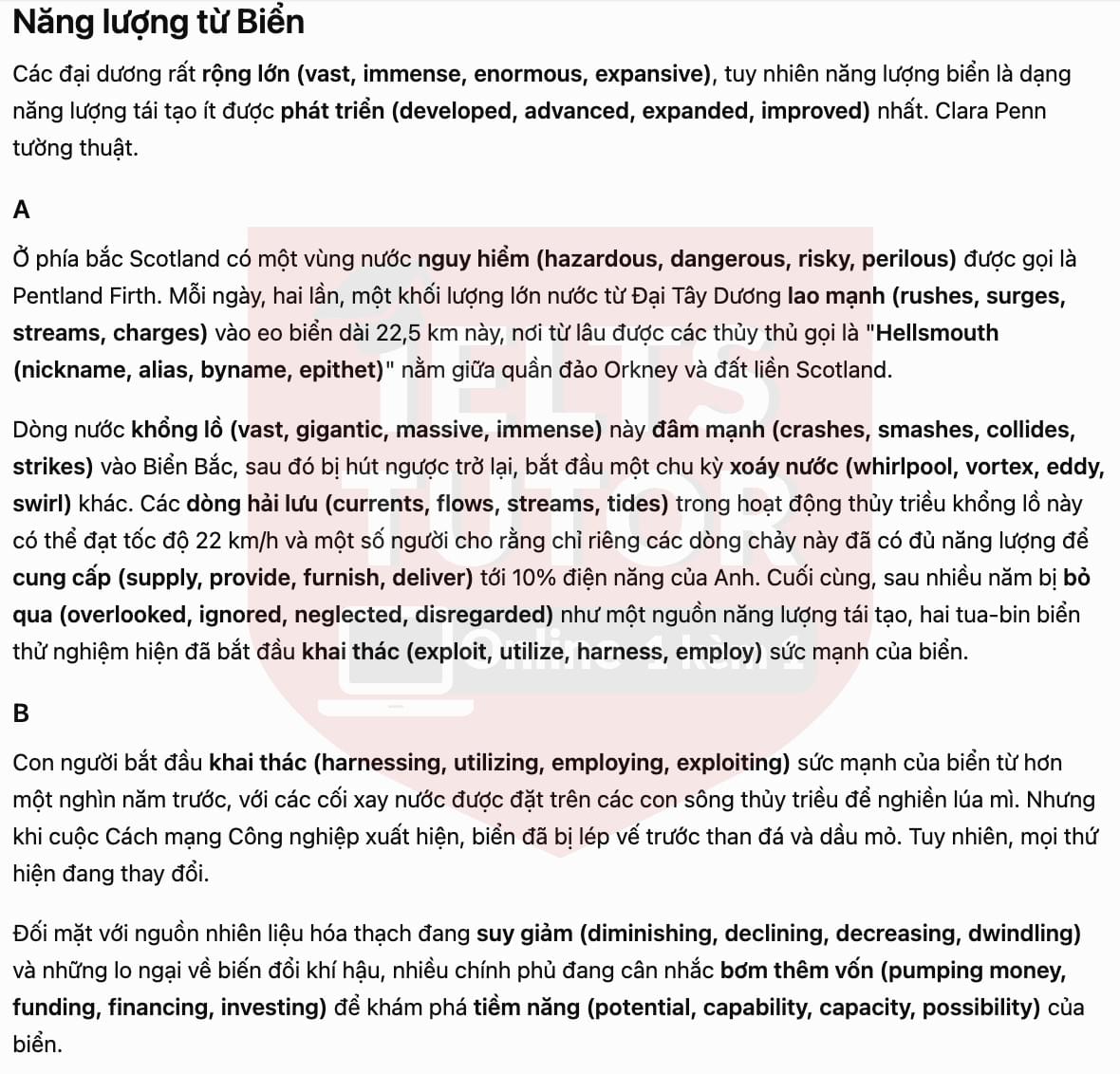 🔥Power from the Sea Answers with location - Đề luyện tập IELTS READING GENERAL TRAINING- Làm bài online format computer-based, kèm đáp án, dịch & giải thích từ vựng - cấu trúc ngữ pháp khó 🔥Power from the Sea Answers with location - Đề luyện tập IELTS READING GENERAL TRAINING- Làm bài online format computer-based, kèm đáp án, dịch & giải thích từ vựng - cấu trúc ngữ pháp khó