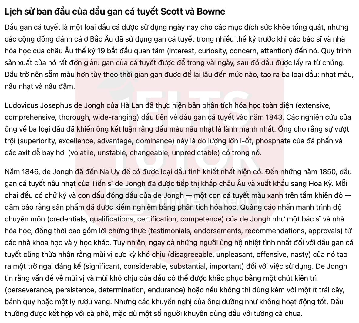 🔥The early history of Scott and Bowne's cod liver oil Answers with location - Đề luyện tập IELTS READING- Làm bài online format computer-based, kèm đáp án, dịch & giải thích từ vựng - cấu trúc ngữ pháp khó 🔥The early history of Scott and Bowne's cod liver oil Answers with location - Đề luyện tập IELTS READING- Làm bài online format computer-based, kèm đáp án, dịch & giải thích từ vựng - cấu trúc ngữ pháp khó