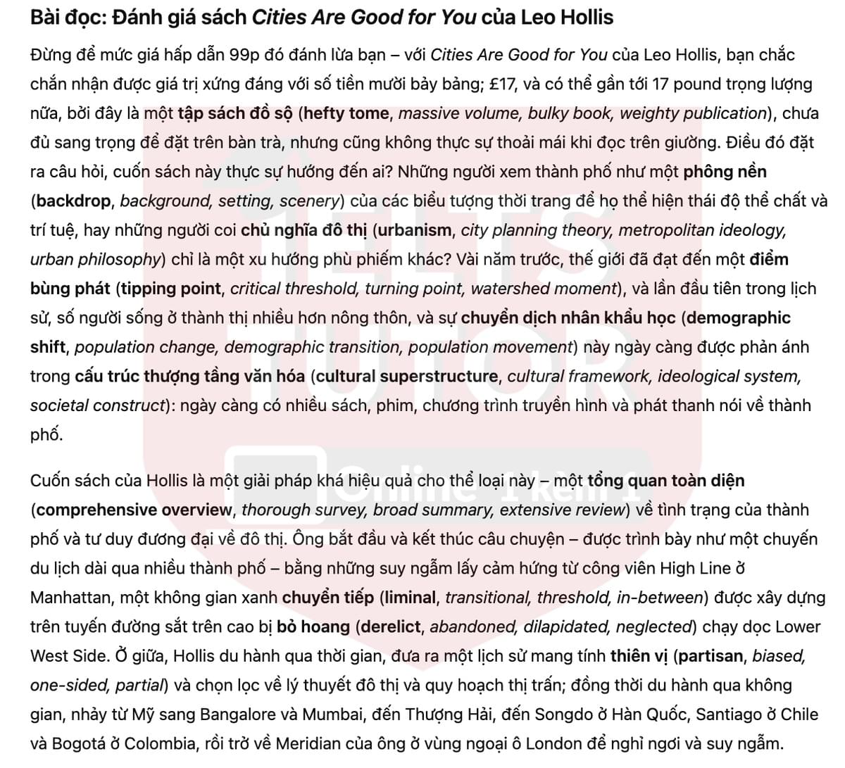 🔥Book Review: Cities Are Good for You by Leo Hollis Answers with location - Đề luyện tập IELTS READING- Làm bài online format computer-based, kèm đáp án, dịch & giải thích từ vựng - cấu trúc ngữ pháp khó 🔥Book Review: Cities Are Good for You by Leo Hollis Answers with location - Đề luyện tập IELTS READING- Làm bài online format computer-based, kèm đáp án, dịch & giải thích từ vựng - cấu trúc ngữ pháp khó