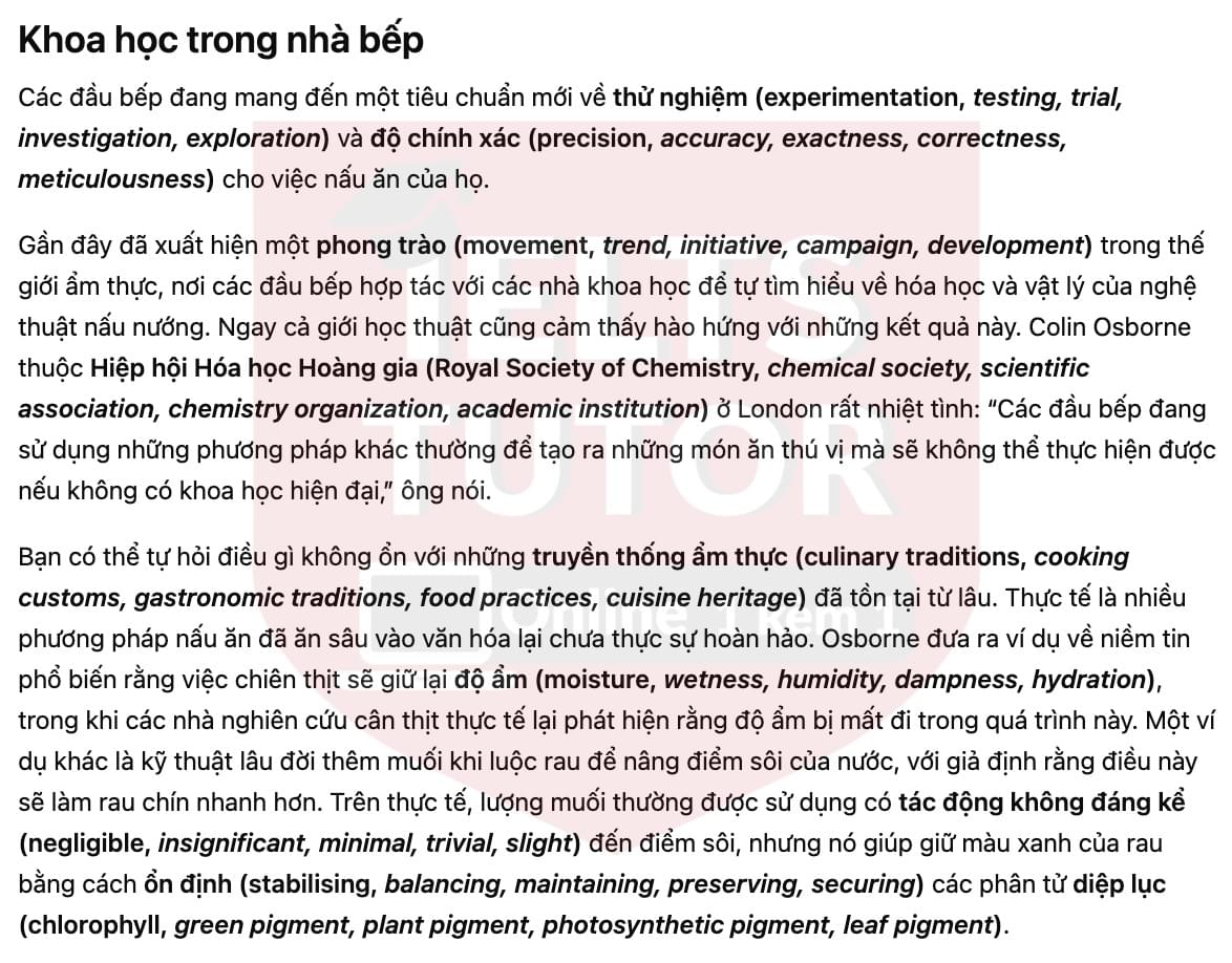 🔥Science in the kitchen Answers with location - Đề luyện tập IELTS READING- Làm bài online format computer-based, kèm đáp án, dịch & giải thích từ vựng - cấu trúc ngữ pháp khó 🔥Science in the kitchen Answers with location - Đề luyện tập IELTS READING- Làm bài online format computer-based, kèm đáp án, dịch & giải thích từ vựng - cấu trúc ngữ pháp khó