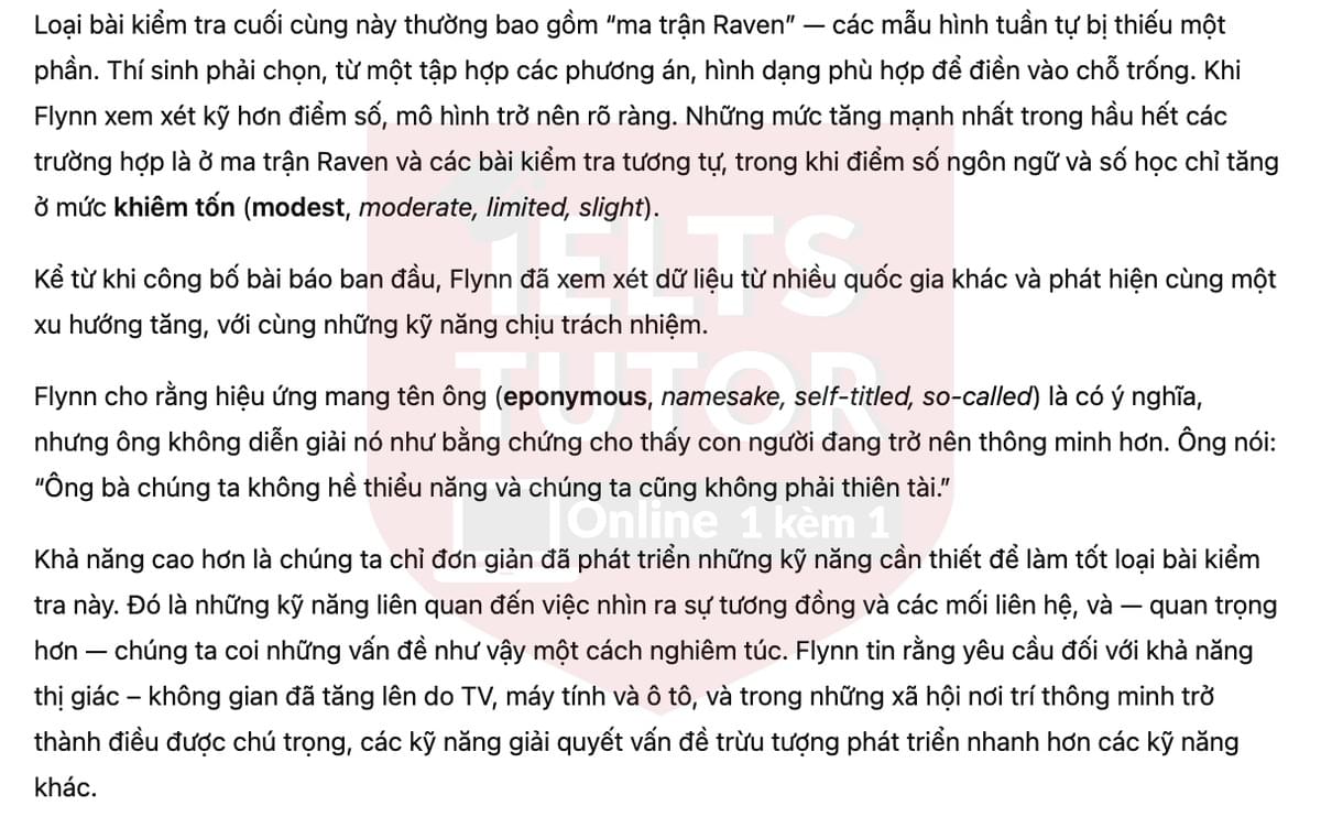 🔥The Flynn Effect: Rising IQ Scores Answers with location - Đề luyện tập IELTS READING- Làm bài online format computer-based, kèm đáp án, dịch & giải thích từ vựng - cấu trúc ngữ pháp khó 🔥The Flynn Effect: Rising IQ Scores Answers with location - Đề luyện tập IELTS READING- Làm bài online format computer-based, kèm đáp án, dịch & giải thích từ vựng - cấu trúc ngữ pháp khó