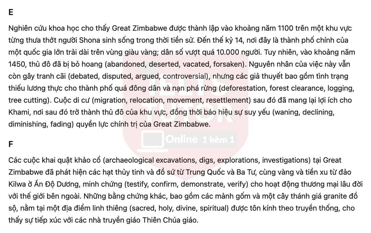 🔥The City of Great Zimbabwe Answers with location - Đề luyện tập IELTS READING- Làm bài online format computer-based, kèm đáp án, dịch & giải thích từ vựng - cấu trúc ngữ pháp khó 🔥The City of Great Zimbabwe Answers with location - Đề luyện tập IELTS READING- Làm bài online format computer-based, kèm đáp án, dịch & giải thích từ vựng - cấu trúc ngữ pháp khó
