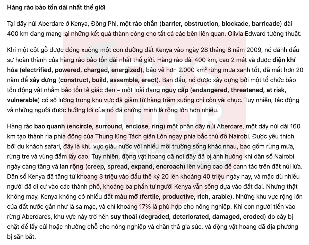🔥The longest conservation fence in the world Answers with location - Đề luyện tập IELTS READING- Làm bài online format computer-based, kèm đáp án, dịch & giải thích từ vựng - cấu trúc ngữ pháp khó 🔥The longest conservation fence in the world Answers with location - Đề luyện tập IELTS READING- Làm bài online format computer-based, kèm đáp án, dịch & giải thích từ vựng - cấu trúc ngữ pháp khó