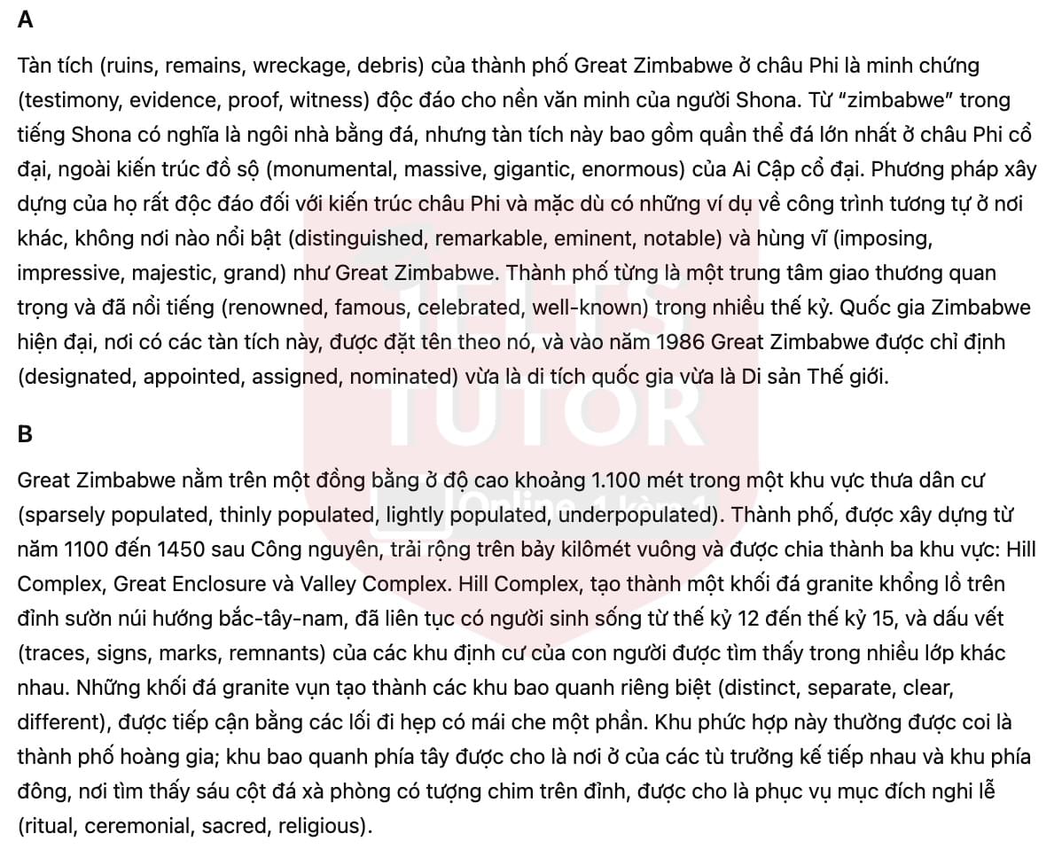 🔥The City of Great Zimbabwe Answers with location - Đề luyện tập IELTS READING- Làm bài online format computer-based, kèm đáp án, dịch & giải thích từ vựng - cấu trúc ngữ pháp khó 🔥The City of Great Zimbabwe Answers with location - Đề luyện tập IELTS READING- Làm bài online format computer-based, kèm đáp án, dịch & giải thích từ vựng - cấu trúc ngữ pháp khó