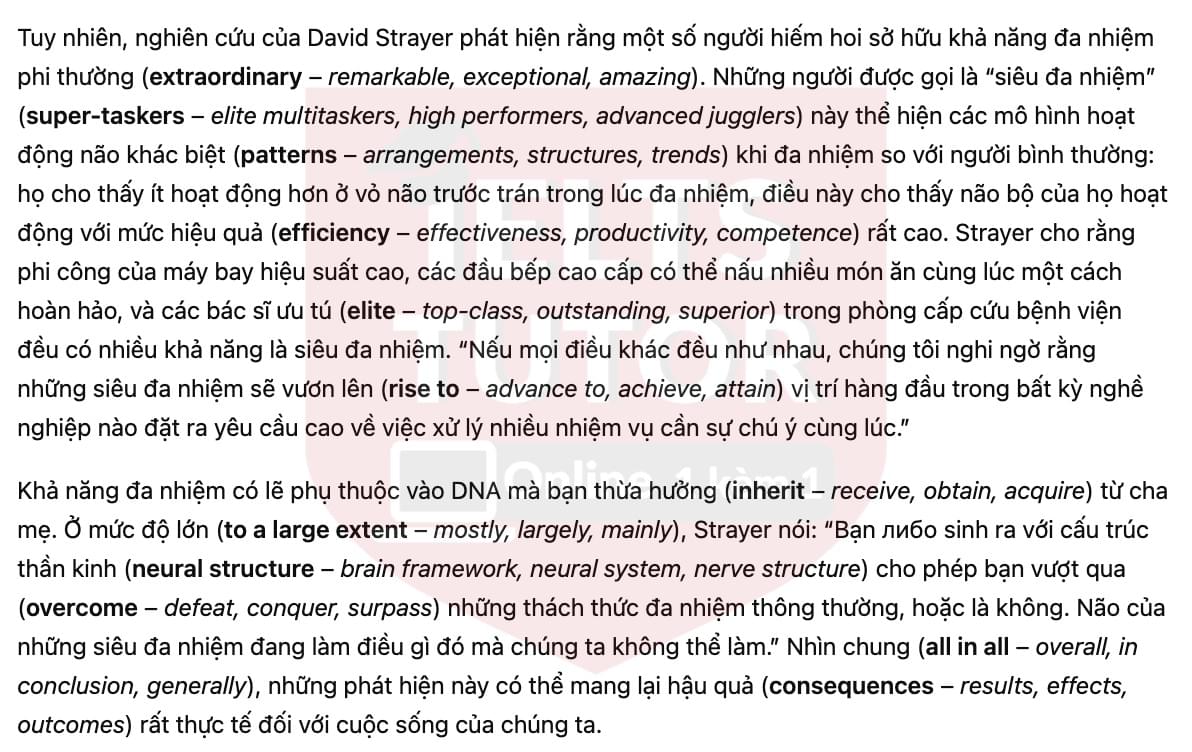 🔥Multi-tasking and the brain Answers with location - Đề luyện tập IELTS READING- Làm bài online format computer-based, kèm đáp án, dịch & giải thích từ vựng - cấu trúc ngữ pháp khó 🔥Multi-tasking and the brain Answers with location - Đề luyện tập IELTS READING- Làm bài online format computer-based, kèm đáp án, dịch & giải thích từ vựng - cấu trúc ngữ pháp khó