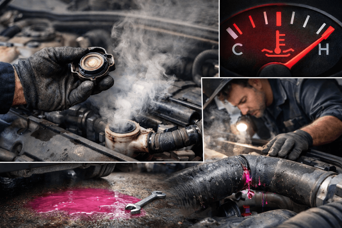 Ubytek płynu chłodniczego w samochodzie – wyciek różowego płynu i para spod maski silnika Ubytek płynu chłodniczego w samochodzie – wyciek różowego płynu i para spod maski silnika