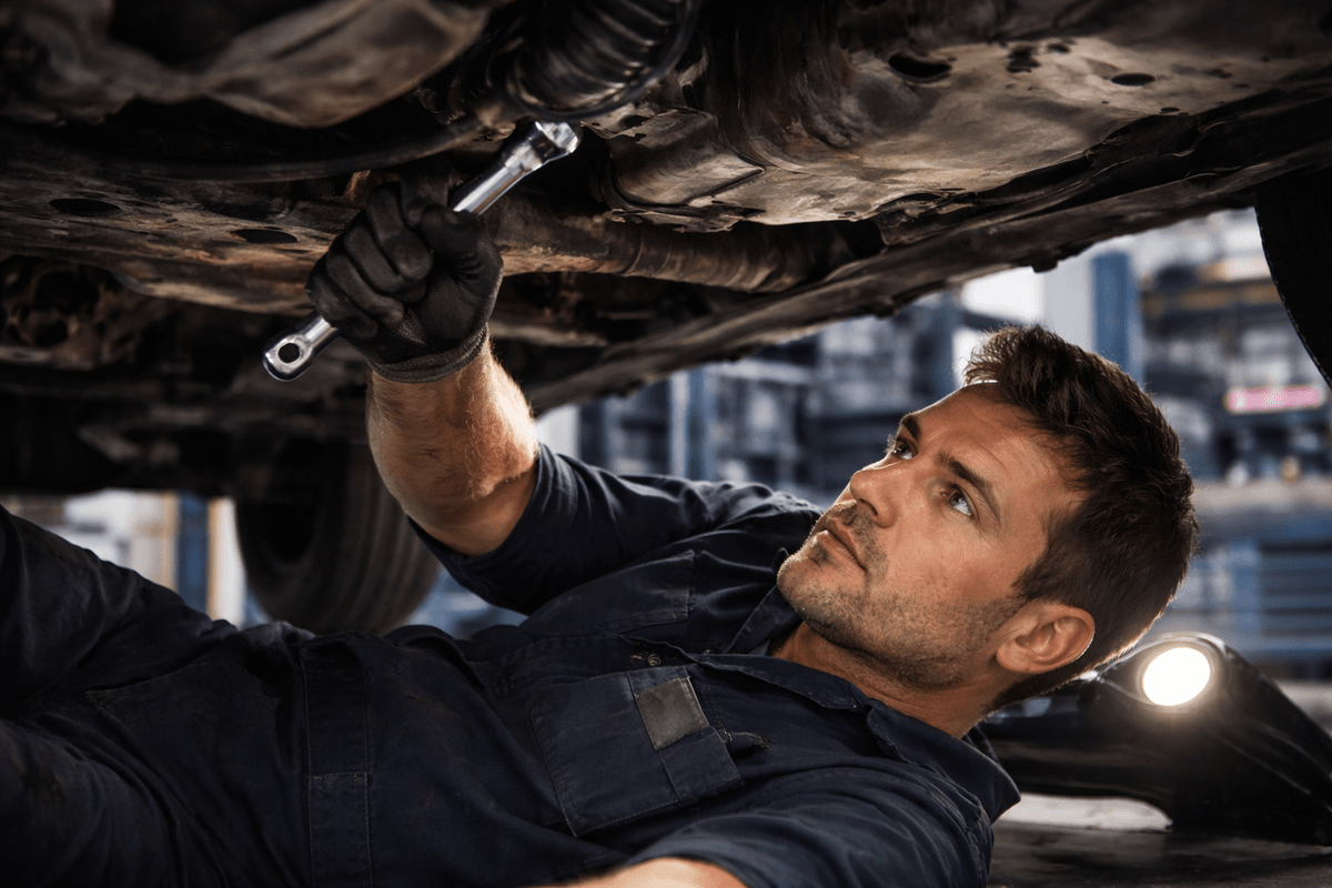 Mechanik naprawia układ chłodzenia samochodu – diagnostyka wycieku płynu chłodniczego pod autem Mechanik naprawia układ chłodzenia samochodu – diagnostyka wycieku płynu chłodniczego pod autem