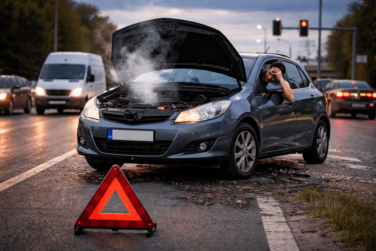 Samochód z otwartą maską i dymem z silnika na drodze – auto gaśnie podczas jazdy, awaria silnika w ruchu miejskim Samochód z otwartą maską i dymem z silnika na drodze – auto gaśnie podczas jazdy, awaria silnika w ruchu miejskim