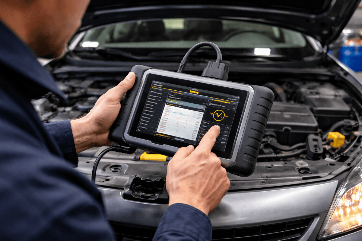 Diagnostyka komputerowa samochodu w warsztacie – mechanik sprawdza przyczynę gaśnięcia silnika Diagnostyka komputerowa samochodu w warsztacie – mechanik sprawdza przyczynę gaśnięcia silnika