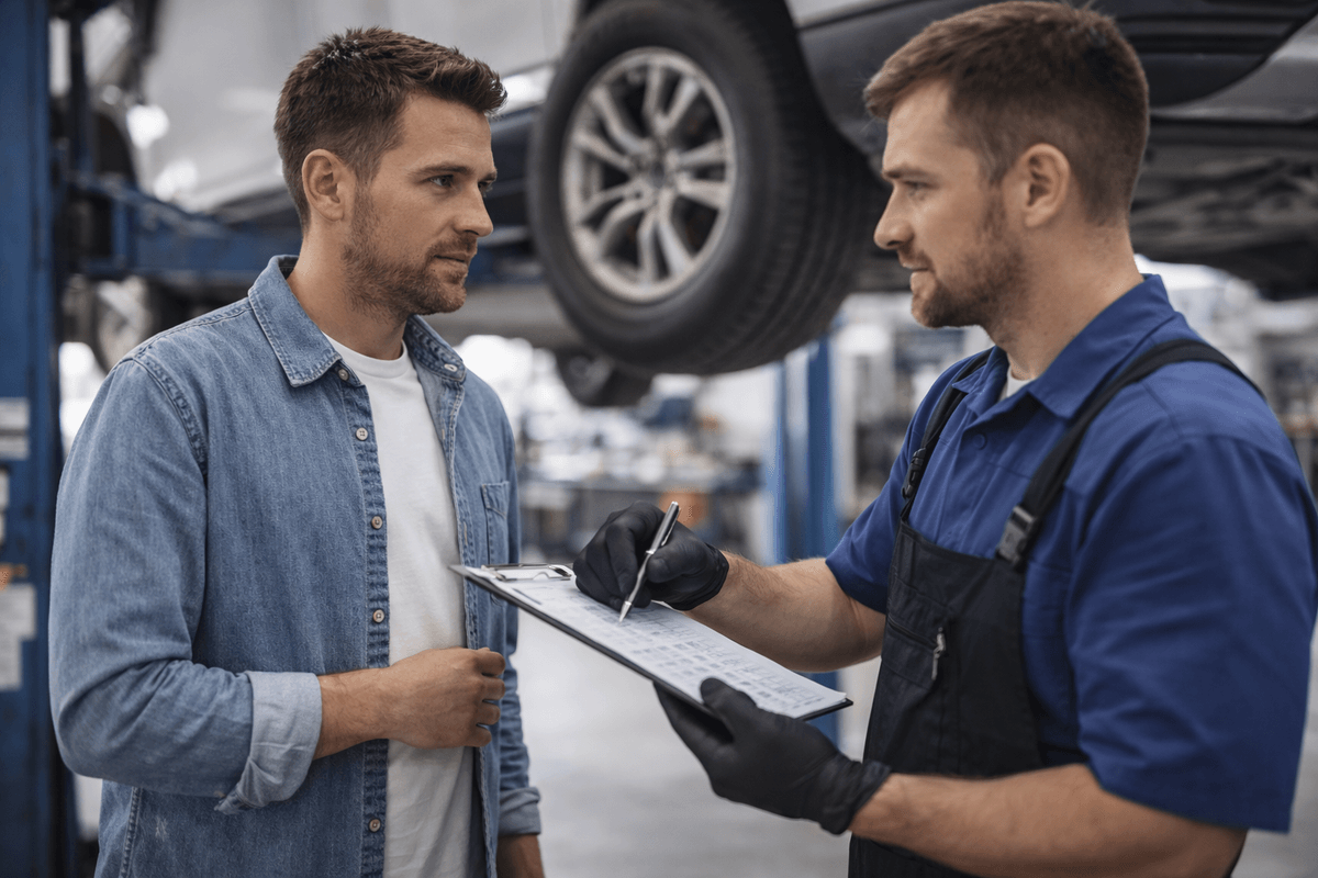 mechanik wyjaśnia klientowi przyczynę stuków w zawieszeniu samochodu mechanik wyjaśnia klientowi przyczynę stuków w zawieszeniu samochodu