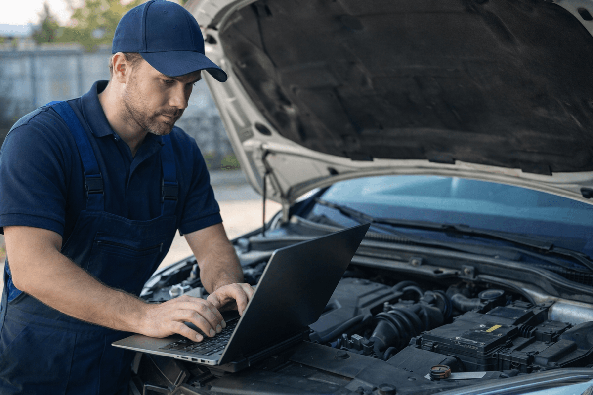 Diagnostyka samochodu w warsztacie – mechanik sprawdza silnik gdy samochód nie odpala Diagnostyka samochodu w warsztacie – mechanik sprawdza silnik gdy samochód nie odpala