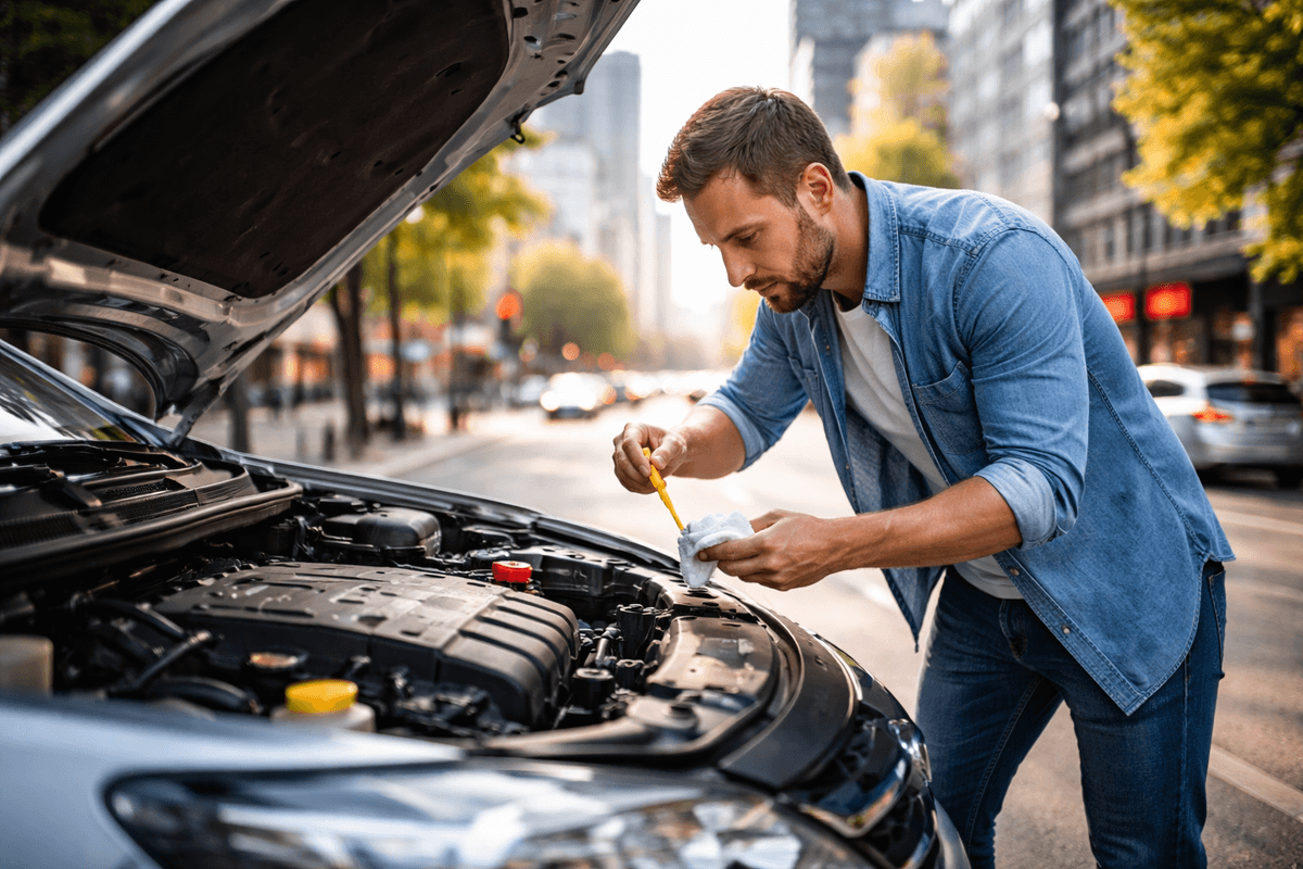 sprawdzanie poziomu oleju silnikowego przygotowanie samochodu do jazdy w mieście codzienna kontrola auta sprawdzanie poziomu oleju silnikowego przygotowanie samochodu do jazdy w mieście codzienna kontrola auta