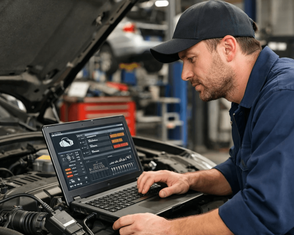 Diagnostyka komputerowa samochodu w warsztacie – mechanik sprawdza silnik i błędy wpływające na zużycie paliwa Diagnostyka komputerowa samochodu w warsztacie – mechanik sprawdza silnik i błędy wpływające na zużycie paliwa