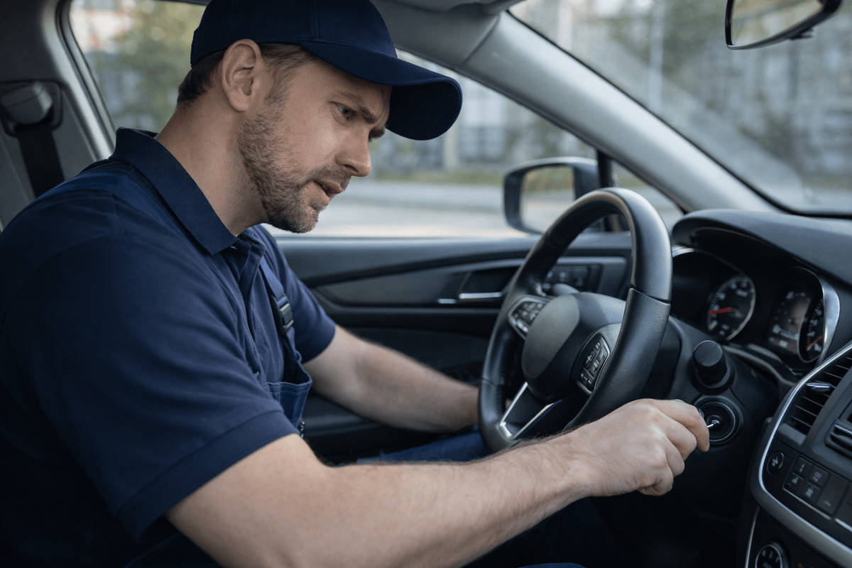 Kierowca próbuje uruchomić silnik gdy samochód nie odpala Kierowca próbuje uruchomić silnik gdy samochód nie odpala