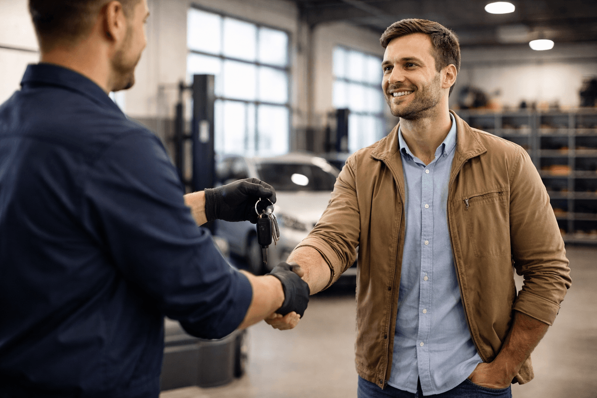 Warsztat samochodowy Poznań - zadowolony klient po wykonanej naprawie Warsztat samochodowy Poznań - zadowolony klient po wykonanej naprawie