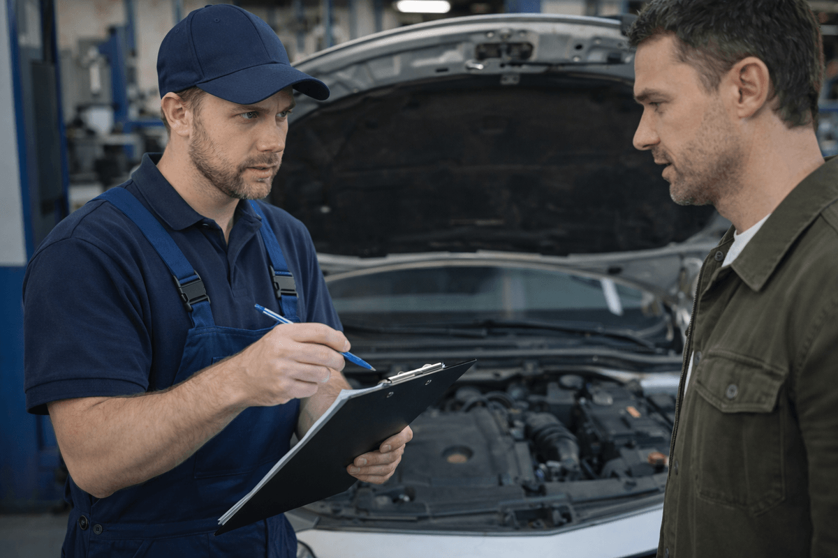 Mechanik w warsztacie samochodowym diagnozuje problem gdy samochód nie odpala Mechanik w warsztacie samochodowym diagnozuje problem gdy samochód nie odpala