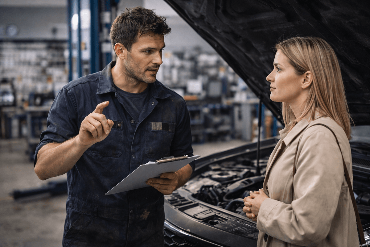 Mechanik wyjaśnia klientce przyczynę ubytku płynu chłodniczego przy otwartej masce samochodu Mechanik wyjaśnia klientce przyczynę ubytku płynu chłodniczego przy otwartej masce samochodu