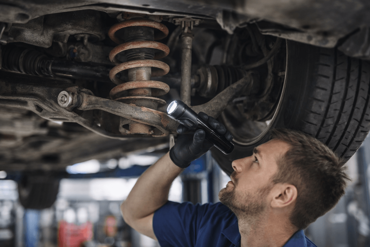 stuki w zawieszeniu samochodu – mechanik sprawdza amortyzator i sprężynę stuki w zawieszeniu samochodu – mechanik sprawdza amortyzator i sprężynę