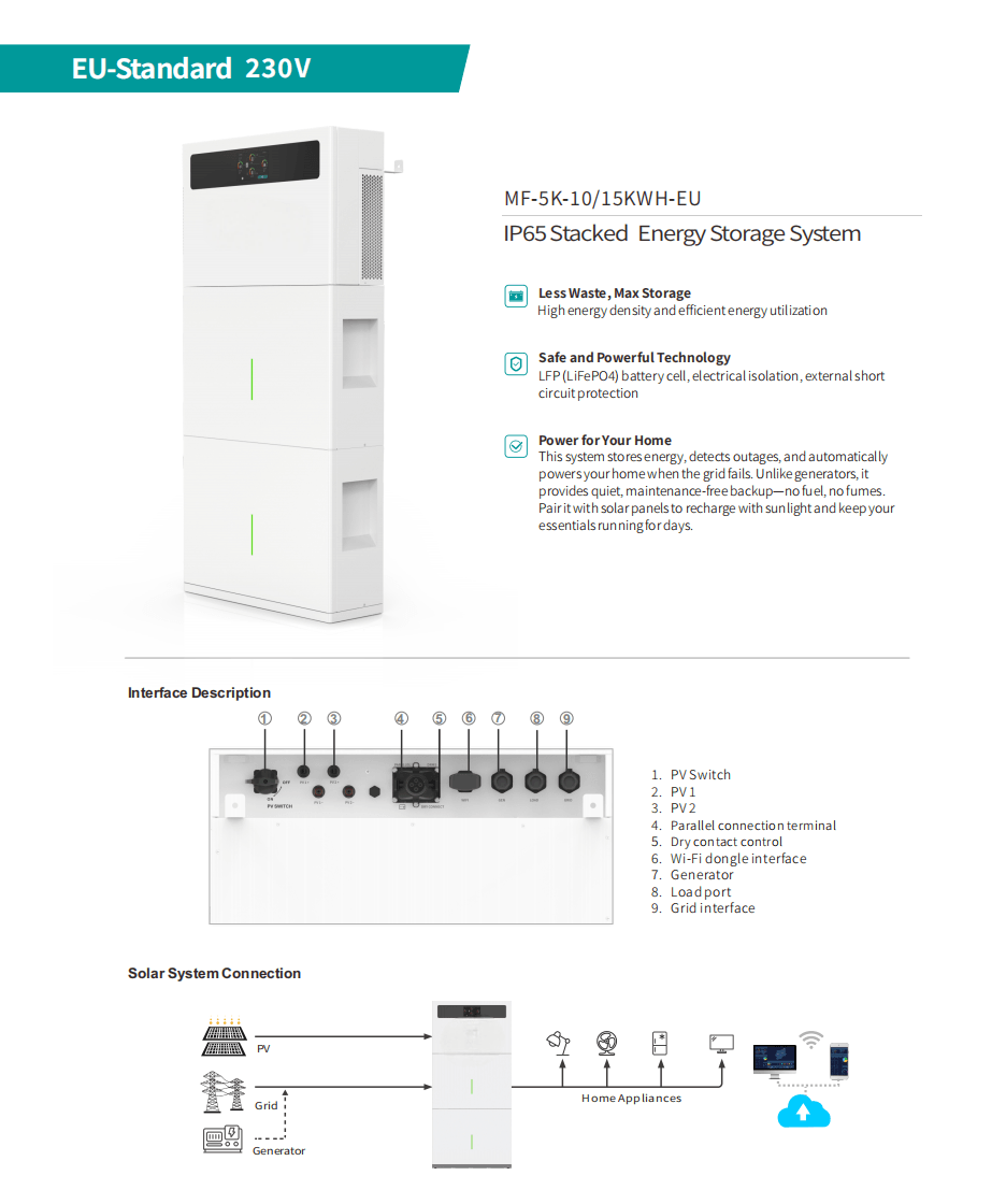 5KW+10KWh 5KW+15KWh EU-Standard Stacked Home Energy Storage