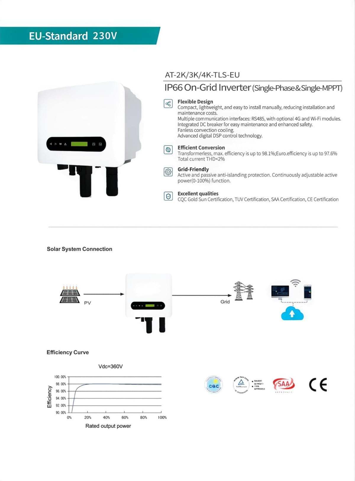 2KW 3KW 4KW IP66 On-Grid Inverter EU-Standard