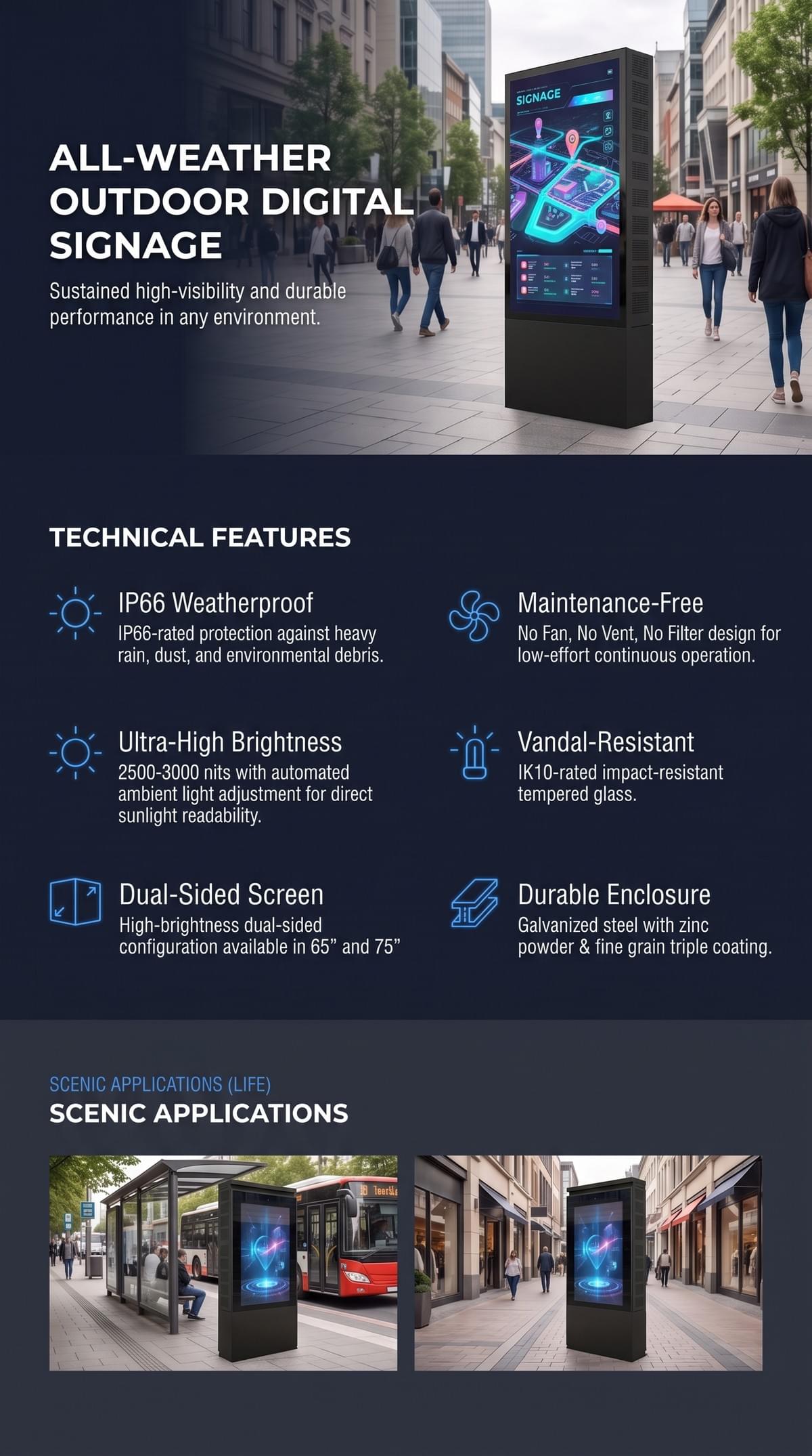 65 inch Outdoor High Brightness Dual Side LCD Kiosk