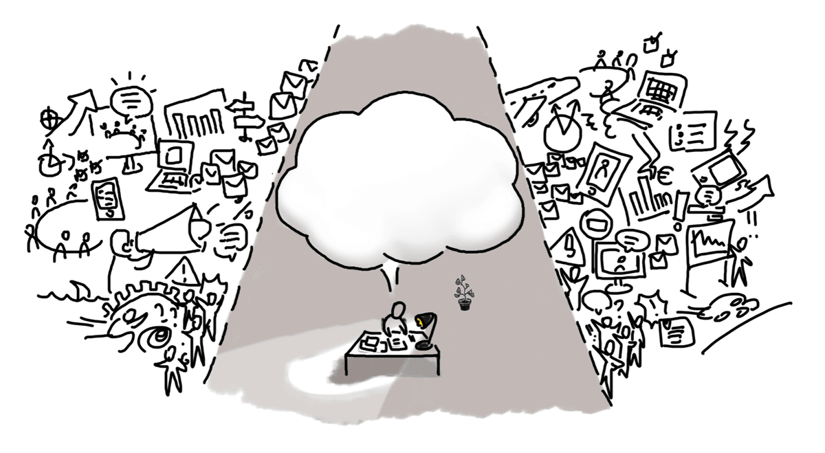 `Illustration d'une personne assise à un bureau, un nuage de pensées complexe au-dessus de sa tête, symbolisant la confusion et la recherche de clarté dans des sujets importants.` `Illustration d'une personne assise à un bureau, un nuage de pensées complexe au-dessus de sa tête, symbolisant la confusion et la recherche de clarté dans des sujets importants.`